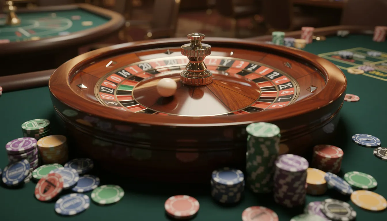 The image shows a vibrant roulette wheel surrounded by colorful casino chips, creating an enticing atmosphere reminiscent of online casino games. This scene captures the excitement often found in live casino settings, appealing to players looking to enjoy their favorite games and possibly win real money.