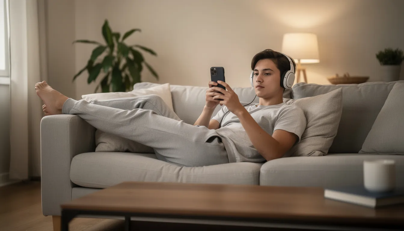 A person is comfortably relaxing on a couch, engaged with their smartphone while wearing headphones. They may be enjoying their favorite online casino games or exploring new Zealand online casinos for a chance to win real money.