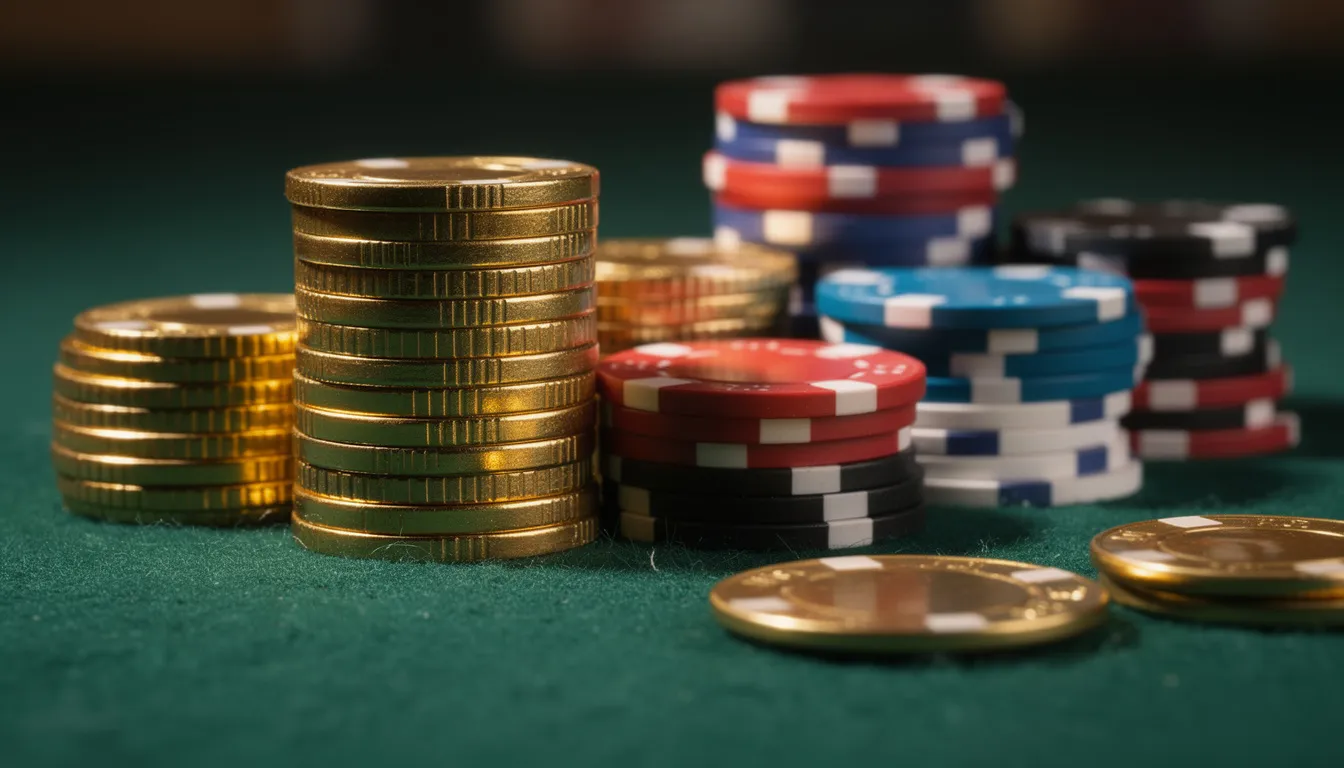 The image features a collection of shiny gold coins and colorful casino chips stacked neatly on a vibrant green felt surface, reminiscent of a live casino setting. This arrangement evokes the excitement of online casino games and the potential for winning real money in New Zealand dollars.