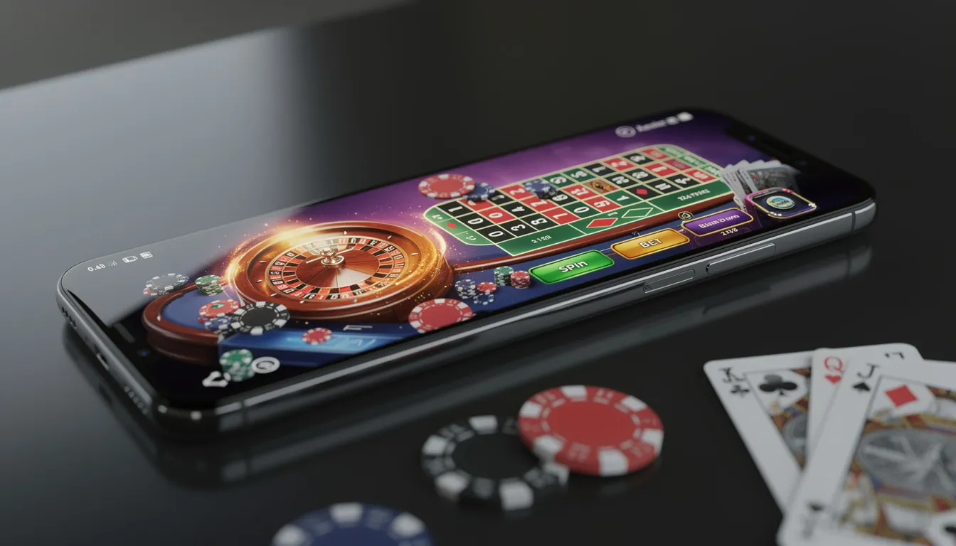 The image features a modern smartphone showcasing a vibrant casino game interface filled with colorful chips and cards, highlighting the excitement of online casino games. This engaging display reflects the allure of playing online casino games, especially for New Zealand players looking to enjoy their favorite games.
